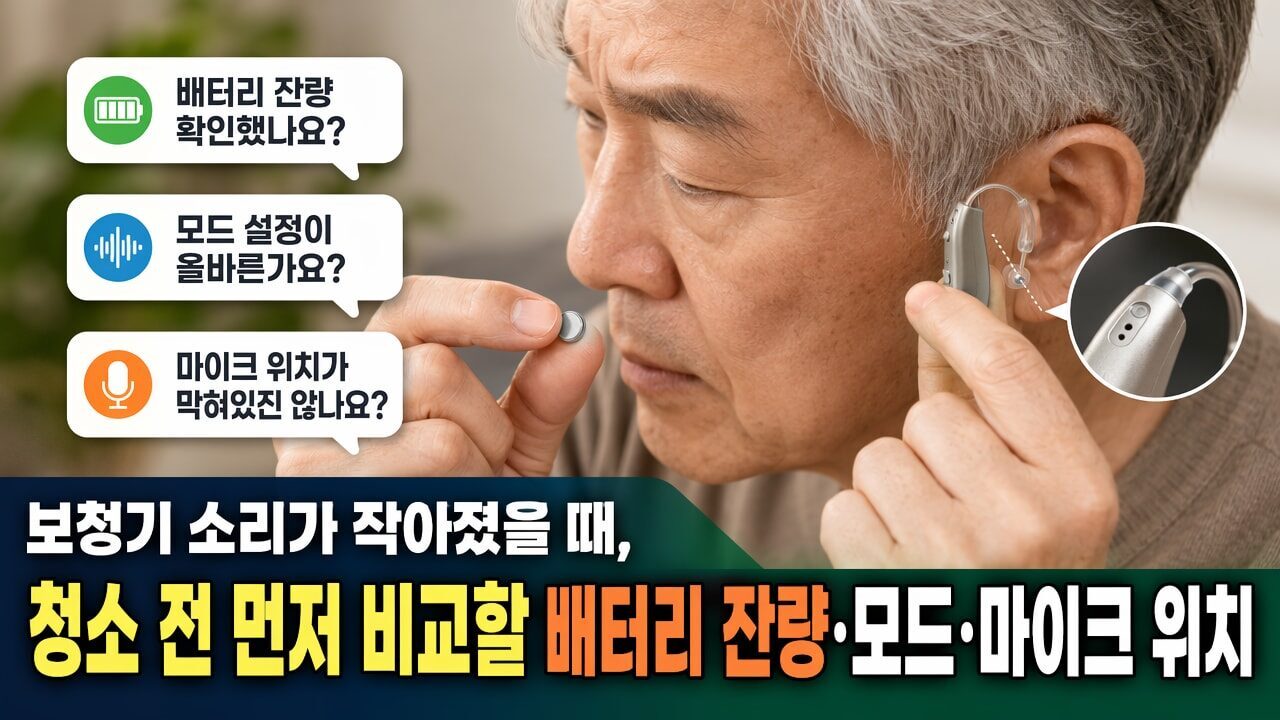 보청기 소리가 작아졌을 때, 청소 전 먼저 비교할 배터리 잔량·모드·마이크 위치
