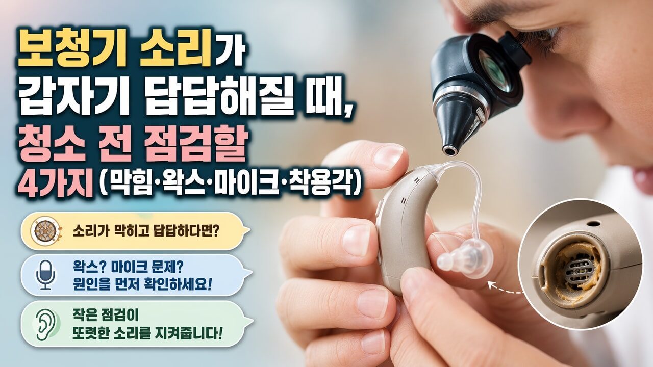 보청기 소리가 갑자기 답답해질 때, 청소 전 점검할 4가지(막힘·왁스·마이크·착용각)