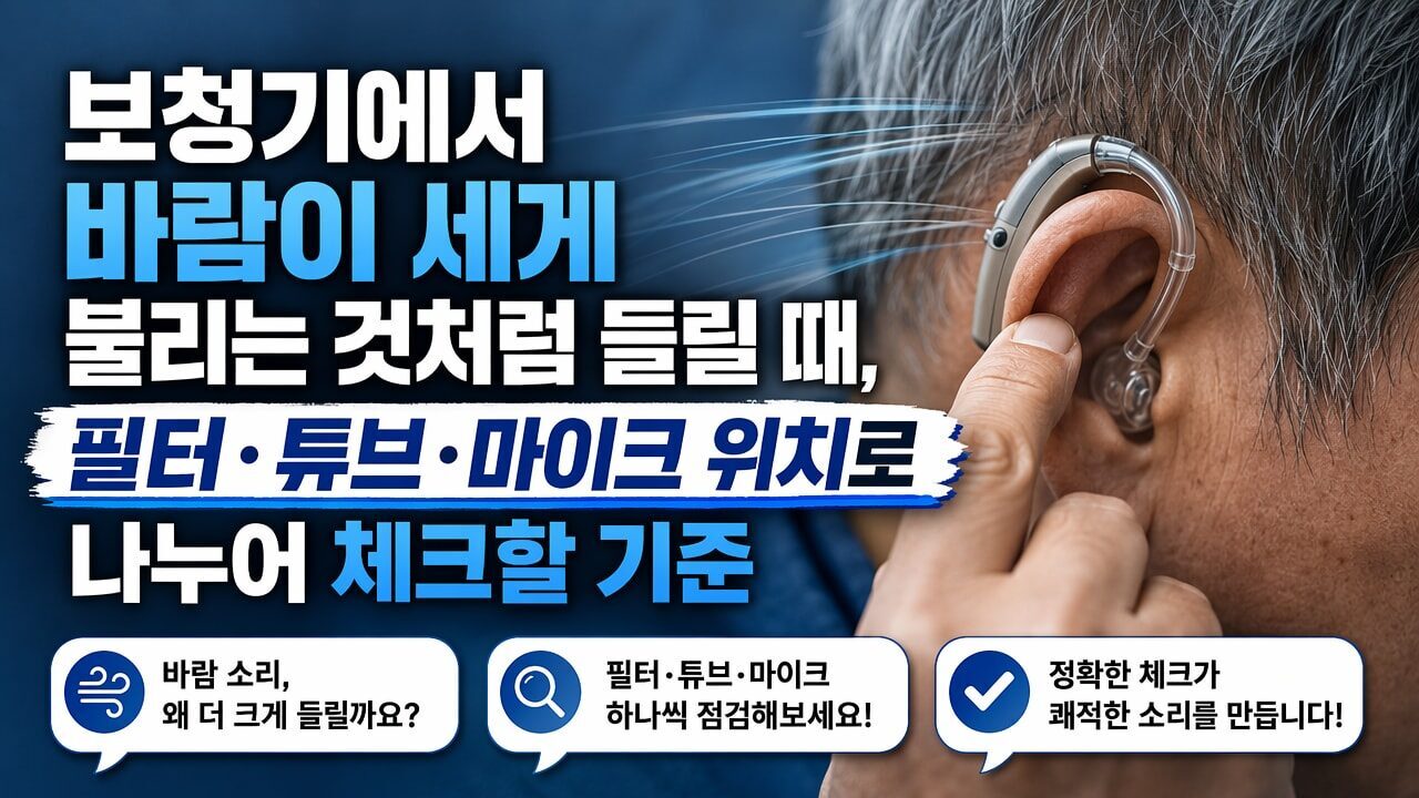 보청기에서 바람이 세게 불리는 것처럼 들릴 때, 필터·튜브·마이크 위치로 나누어 체크할 기준